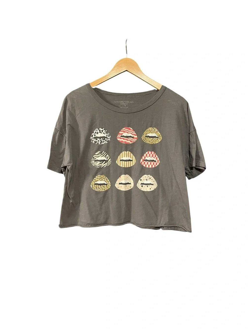 Grayson Threads Gray Crop Tee with Multicolor Lip Prints - Picture 2 of 3